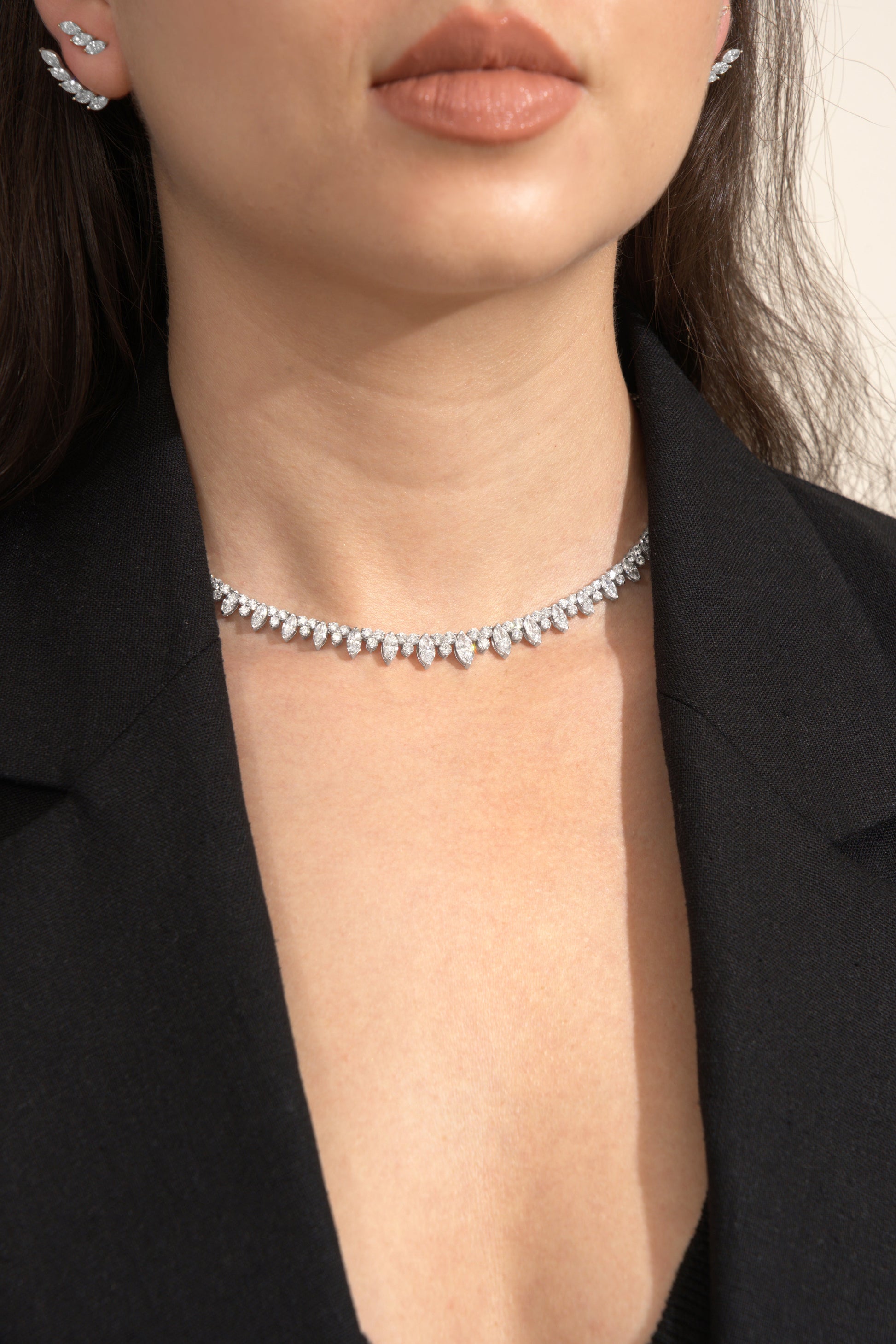 White Drop Stardust Marquise Necklace worn in an original lifestyle image