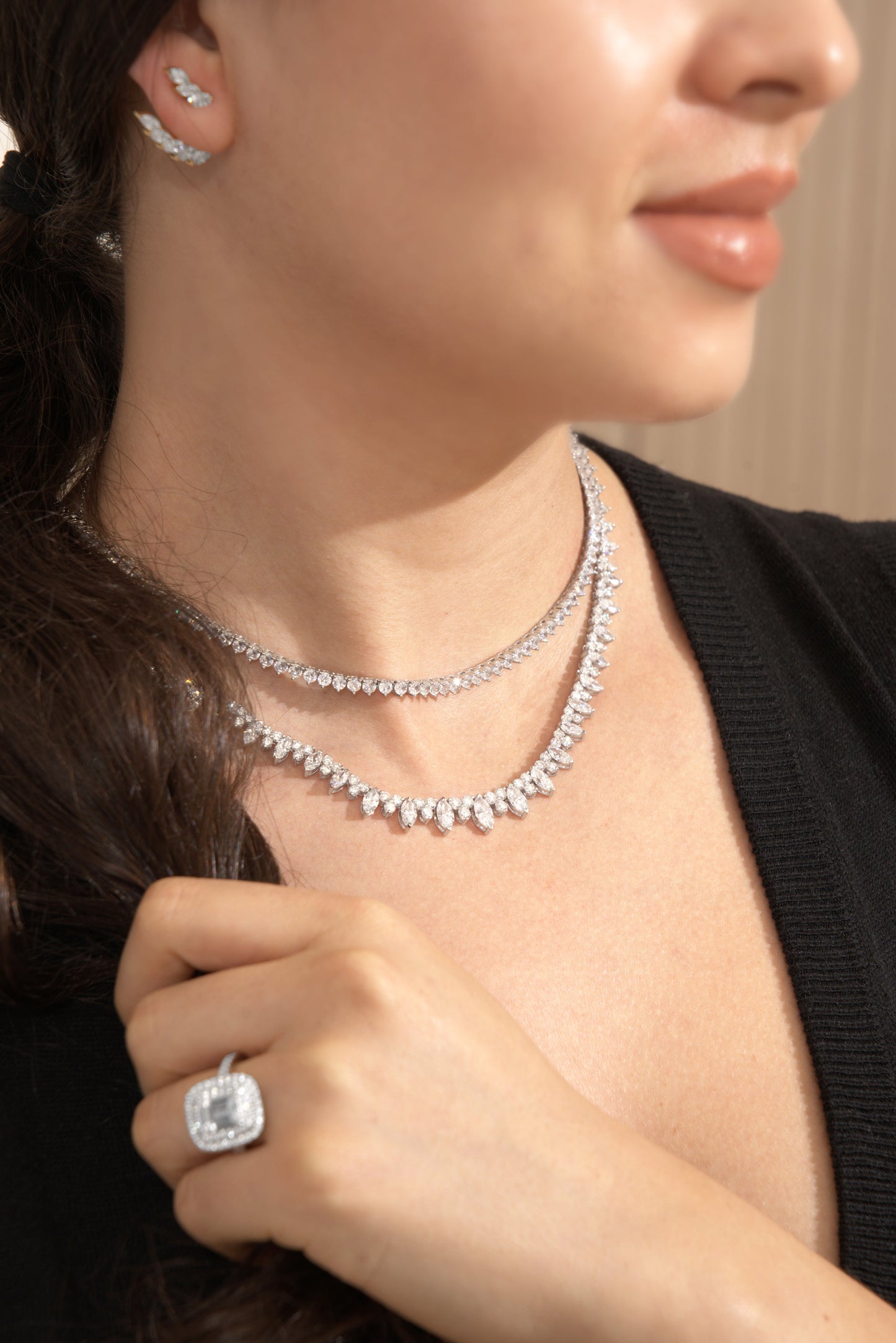 White Drop Stardust Marquise Necklace worn in an original lifestyle image