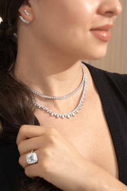 White Drop Stardust Marquise Necklace worn in an original lifestyle image