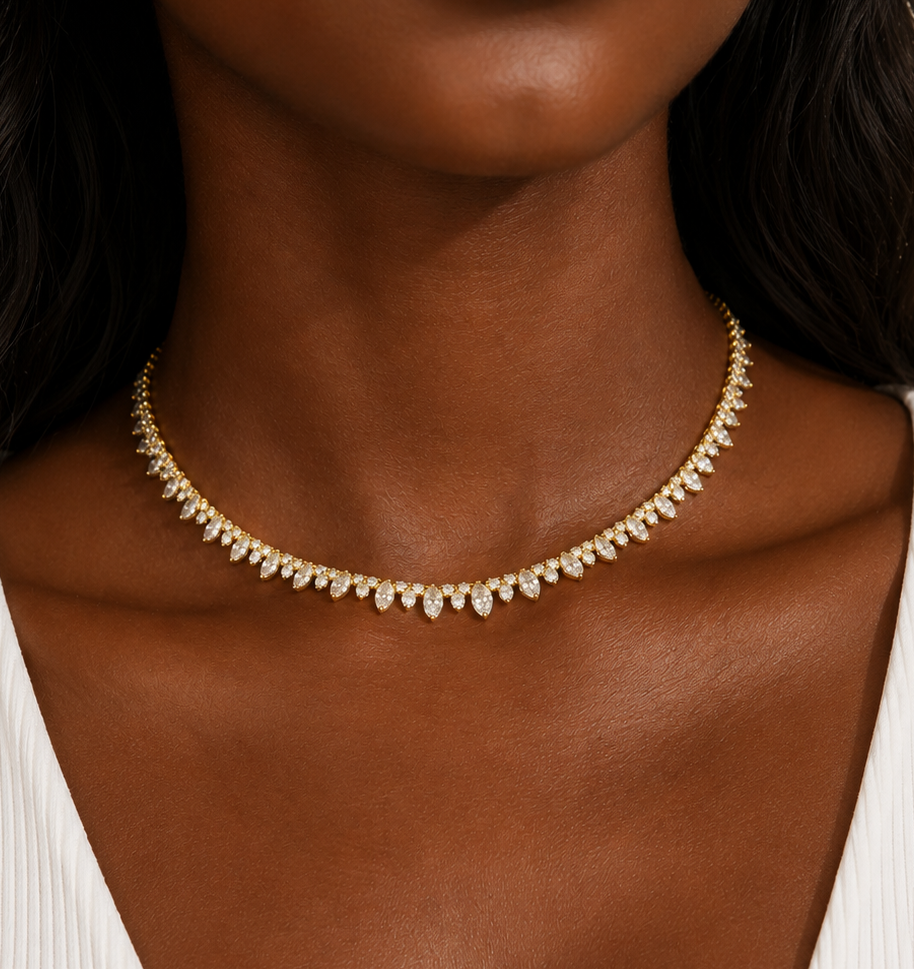 White Drop Stardust Marquise Necklace in yellow gold worn in an original model image
